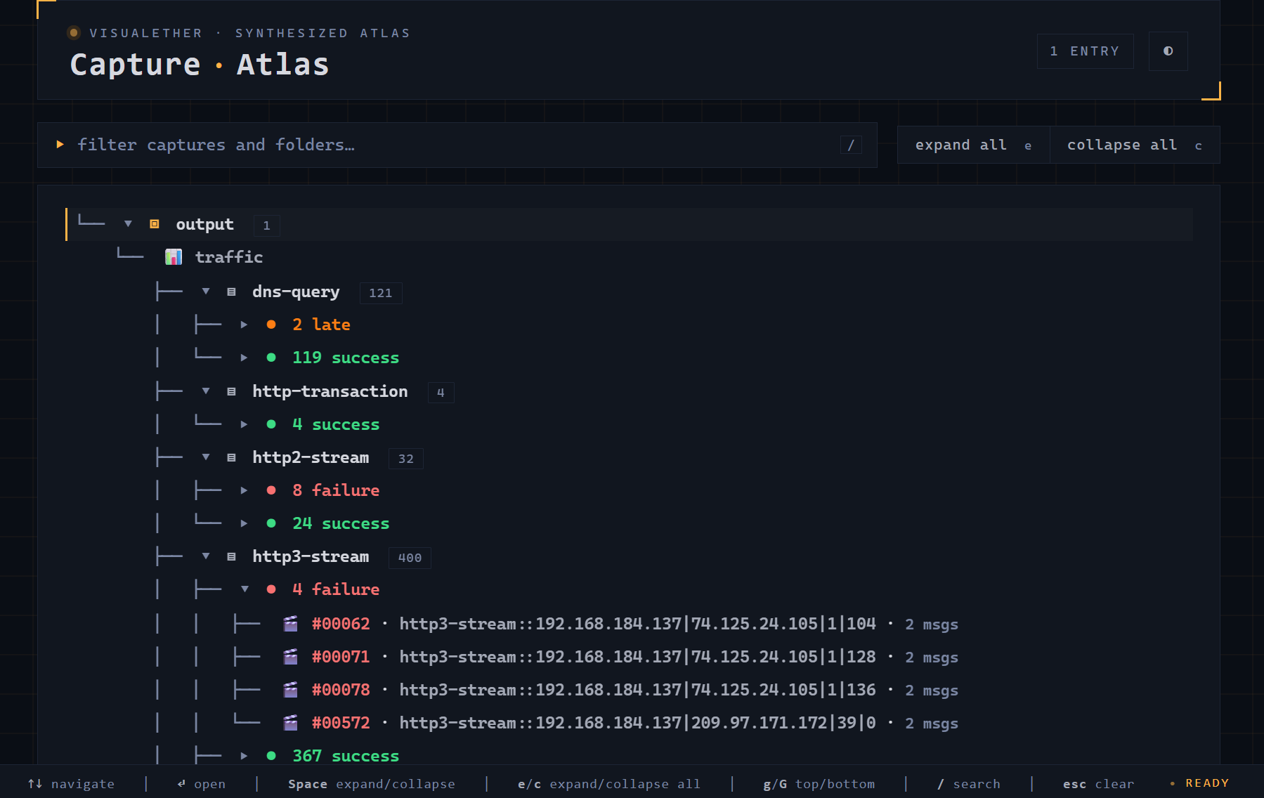 Capture Atlas landing page showing a tree-view index of multiple analyzed PCAPs, each linking to its rendered sequence diagram
