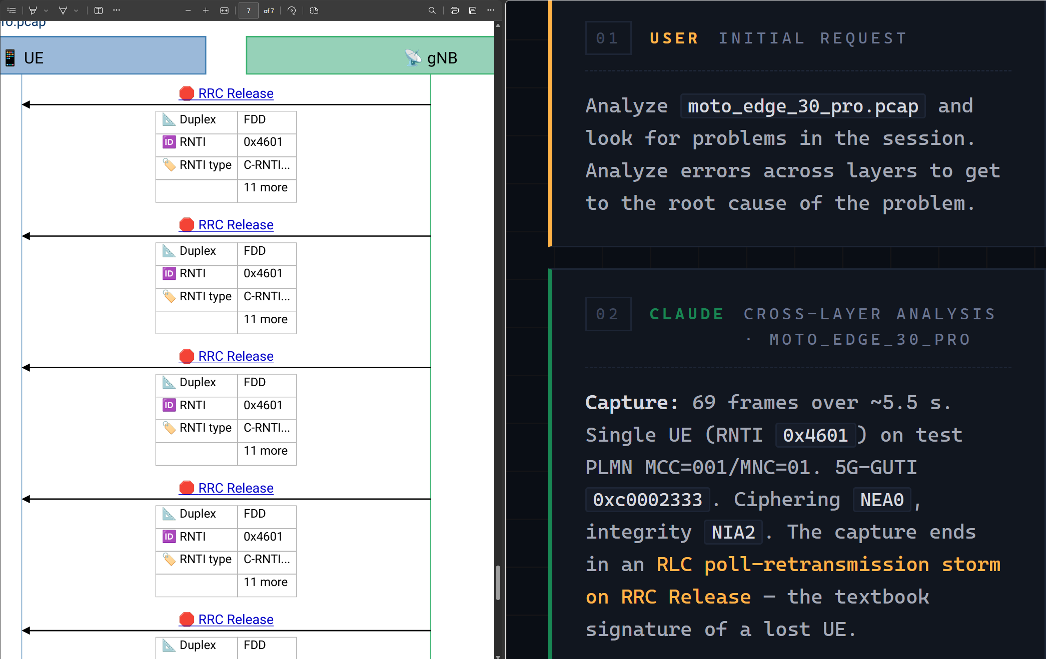 A 5G NR sequence diagram beside a Claude Code terminal answering 'why did session 7 fail?' in plain English
